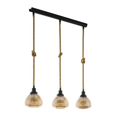 EGLO Pendellampe Rampside, 3 flammige Vintage Pendelleuchte im Industrial Design, Hängelampe aus Stahl, Farbe: Schwarz, braun, Glas: Amber, bedampft, Fassung: E27