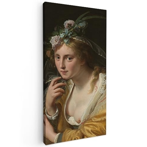 MuchoWow Leinwand Bilder, Einzigartige Wanddeko mit Rahmen, Eine Hirtin - Gemälde von Paulus Moreelse, Wandbilder Wohnzimmer, Deko Schlafzimmer 40x80 cm