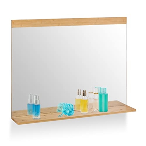 Relaxdays Wandspiegel mit Ablage, Bambus Rahmen, HxB 68,5 x 90 cm, Aufhängespiegel Bad, Schlafzimmer & Garderobe, Natur