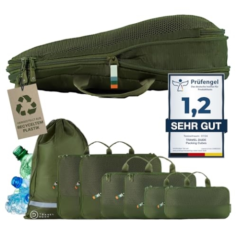 TRAVEL DUDE Packwürfel Set mit Kompression aus recycelten Plastikflaschen | Leichte Packing Cubes | Packtaschen Set für Rucksack & Koffer (Wald Grün, 7-teiliges Set)