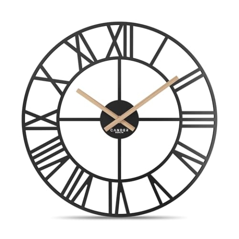 Cander Berlin ALTARA Vintage XXL Wanduhr lautlos 40 cm Metall Holz-Zeiger ohne Tickgeräusche modern schwarz Wohnzimmer