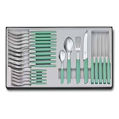 VICTORINOX Swiss Modern Besteck-Set für 6 Personen, 24-teilig, Inkl. Scharfe Messer mit Wellenschliff, Kunststoffgriffe, Minzgrün