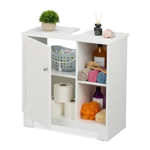 Relaxdays Waschbeckenunterschrank mit Tür & Fächer, HxBxT: 60x60x30 cm, aus MDF, Badunterschrank für Waschbecken, weiß