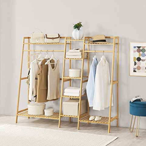 [en.casa] Garderobenständer Sogndal Kleiderregal Jackenständer mit 5 Ablagen 139 x 158 x 40 cm Kleiderständer aus Bambus für Wohnzimmer und Schlafzimmer