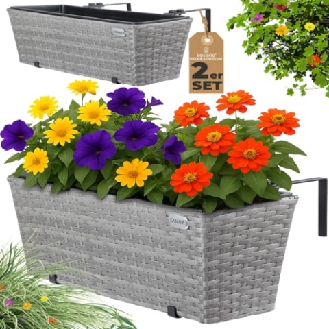 Casaria® Blumenkasten 2er Set 11 Liter Montagehalterung Indoor Outdoor Geländerkasten Balkonkasten Pflanzkasten grau