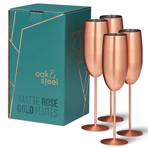 Oak & Steel - 4 Edelstahl Sektgläser (285ml), Champagner & Prosecco Gläser - Matte Roségold/Kupfer - Robust & Unzerbrechlich - Geschenkset für Geburtstage & Weihnachten