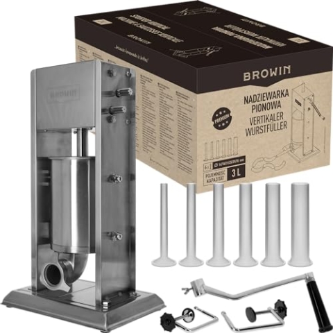 BROWIN® Manuell Wurstfüller aus Edelstahl 311036 | 3 Liter vertikale Wurstmaschine mit Tischklemme | Wurstfüllmaschine | Wurstpresse | Machine für hausgemachte Wurst | inkl. 6 Füllrohren