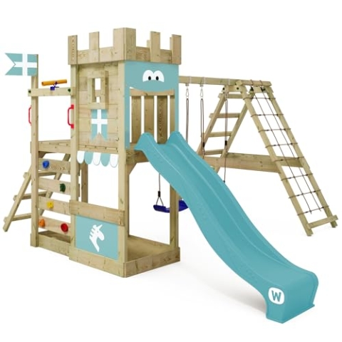 WICKEY Spielturm Ritterburg DragonFlyer mit Schaukel & pastellblauer Rutsche, Outdoor Kinder Kletterturm mit Sandkasten, Leiter & Spiel-Zubehör für den Garten