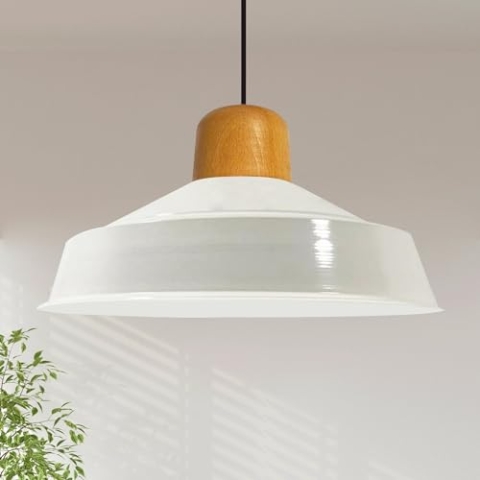 bamyum Asletl Pendelleuchte Esstisch Holz Ø41 cm, Hängelampe Esstisch Holz, Hängelampe Industrial Vintage, Küchenlampe Hängend Vintage, Wohnzimmerlampe Pendelleuchte Weiß Metall Küchenlampe Hängend