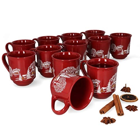 MamboCat 12er Set Glühweinbecher 0,2L mit Eichstrich I Klassische Weihnachtsmarkt Tasse mit Wintermotiv I Glühweintassen mit Henkel I Profi Gastronomiebedarf Feuerzangenbowle Becher aus Keramik rot