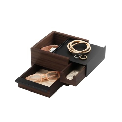 Umbra Stowit Mini Design Schmuckkasten – moderne Schmuck Box mit Geheimfächern für Ringe, Armbänder, Uhren, Halsketten, Ohrringe und Accessoires, Holz / Metall, Schwarz / Walnuβ, Klein