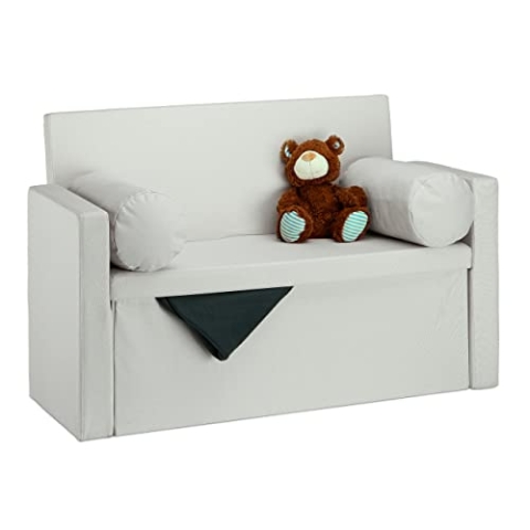 Relaxdays Sitzbank mit Lehne, 2 Kissenrollen, faltbar, Aufbewahrung, gepolstert, Flur, Sitztruhe 75 x 115 x 47 cm, Grau, Creme