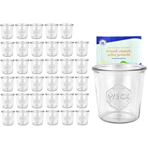 MamboCat 36er Set Weck Gläser 580ml 1/2 Liter Sturzgläser inkl. Gelierzauber Rezeptheft von Diamantzucker I Original Weck Sturzglas ohne Deckel Dessertglas I Einweckgläser für Kuchen Gelees UVM