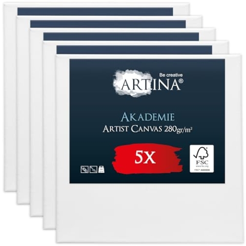 Keilrahmen Leinwand zum Bemalen 80x80 cm – Artina FSC® 5er Set bespannte Keilrahmen Leinwände zum malen für Acrylfarben Canvas 100% Baumwolle – Acryl Leinwand Rahmen