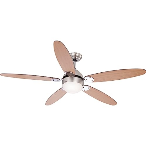GLOBO Deckenventilator Deckenlampe Vor Rücklauf 3 Stufen Zugschalter Wohnzimmerlampe, Montage an Schrägen, 1x E14, DxH 132 x 40,6 cm