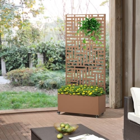 casa.pro Blumenkasten mit Sichtschutz Bernalda Rankgitter Metall Balkon Pflanzkübel hoch 190 x 82 x 38 cm Trennwand mit Rollen Braun