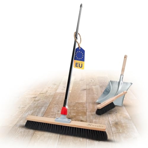 Novaliv Saalbesen Rosshaar Set 60 cm I Besen und Kehrblech Handfeger Teleskopstiel I Rosshaar schwarz I mit Stiel ausziehbar I Allzweckbesen Hausbesen Innenbereich