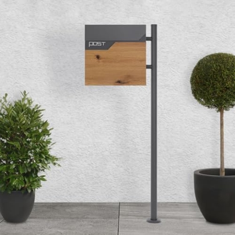 ECD Germany Standbriefkasten mit Zeitungsfach, Design Briefkasten mit Pfosten Briefkastenanlage, Briefkastenständer Anthrazit 120cm Edelstahl, Postkasten Anthrazit-Holzoptik Edelstahl pulverbechichtet