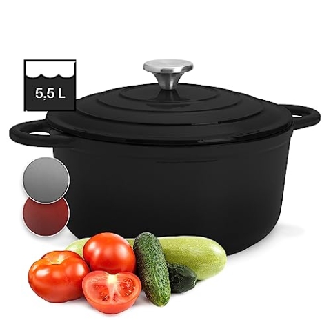 Toci Bräter aus Gusseisen für Induktion, 5,5L Emaillierte Schmortöpfe mit Deckel, Schmortopf Klein Backofengeeignet, Gusseiserner Bräter für Backofen, Spülmaschinenfester Emaille Topf, Dutch Oven