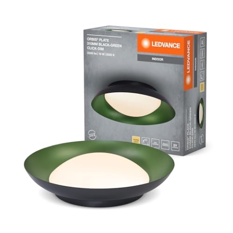 LEDVANCE Orbis Plate LED-Deckenleuchte, schwarz-grün, 19W, 1000lm, 3000K, 310mm, 830 freundliches Warmweiß, durch Kicken in 3-Stufen dimmbar, IP20 Schutz, Montageschrauben und Dübel inklusive