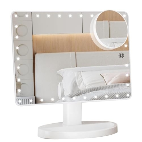 FUNTOUCH Groß Schminkspiegel mit 35 LED Licht, 1X/10X Vergrößerungsspiegel, Touch Screen Schalter, Duales Netzteil Spiegel, Dimmbar Kosmetikspiegel mit Beleuchtung, 360° Drehbarer Tischspiegel (Weiß)