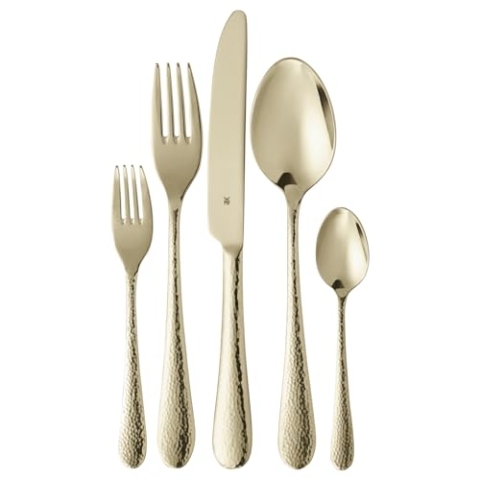 WMF Sitello Besteck Set 6 Personen, Gold-Edition, Essbesteck Set 30 teilig, Monobloc-Messer, Cromargan Edelstahl poliert, Hammerschlag, ergonomisch, glänzend, gold