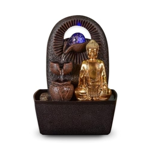 Zen'Light - Zimmerbrunnen Buddha Bhava - Zen-Dekor, Ideal für Meditation & Entspannung - Tischbrunnen mit geschlossenem Kreislauf - Farbwechselnde LED-Beleuchtung, Wasser fließt auf 3 Ebenen - H26cm