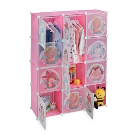 Relaxdays Plug-in Shelving Unit for Kids, 2 Clothes Rods, Doors with Animals Steckregal Kinder, 2 Kleiderstangen, Türen mit Tierkindern, HBT: 145x110x37 cm, DIY Kinderkleiderschrank, rosa, Eisen