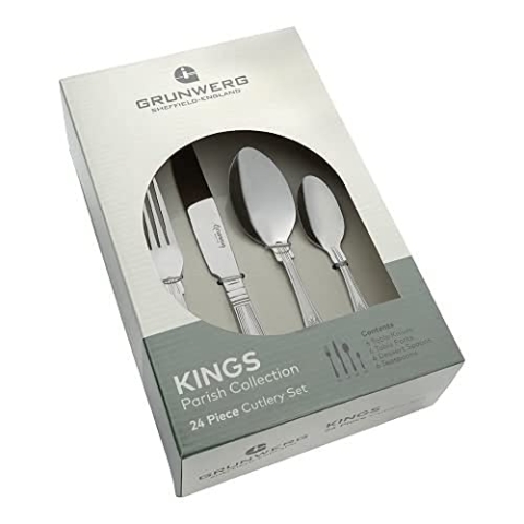 Grunwerg 24 teilig Besteck Set in einer Geschenkbox – KINGS STIL, 18/0 Edelstahl, gemischte Besteckset
