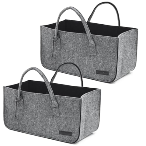 DuneDesign 2er Set: Schwerlast Shopping Bag Filz XXL - 50x25x25 Filztasche Groß - Kamintasche für Holz Tragetasche Kaminholz Korb - Auto Einkaufskorb Faltbar Einkaufstasche Filz Kaminholzkorb Modern