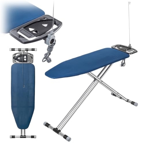 KADAX 120x42 cm Klappbares Bügelbrett aus Aluminium mit Bügeleisenablage und Kabelhalterung, Höhenverstellbarer Bügeltisch Mit Steckdose (Dunkelblau)