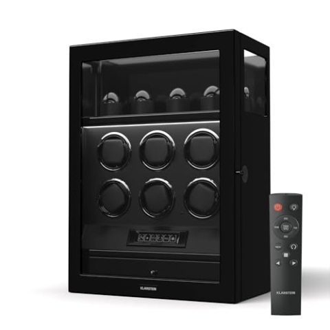 Klarstein SecureTouch Uhrenbeweger für 10 Uhren, Automatik Uhrenbeweger mit Fingerabdruck-Sperre, Flüsterleiser Japanischer Motor, LCD-Display & Fernbedienung, TPD 41, LED-Beleuchtung,Schmuckschublade
