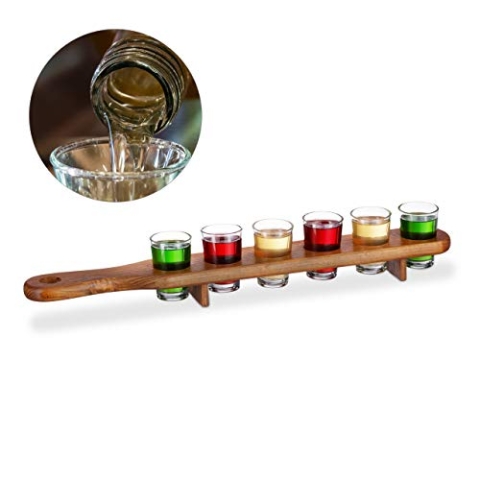 Relaxdays 9 x Schnapsbrett Holz, 54 Schnapsgläser, 4 cl, praktische Schnapslatte, halber Meter, Geschenkidee, Shotbrett, braun