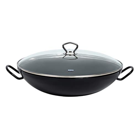 Riess, 0385-022, Wok mit Glasdeckel 36, CLASSIC - SCHWARZEMAILLE, Durchmesser 36cm, Maße 44,5 x 36 x 16,5cm, Inhalt 4 Liter, Emaille, schwarz, Induktion