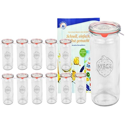 12er Set Original WECK 1/2-Liter Zylinderglas, Rundrandglas RR60 + Glasdeckel + Dichtring + Weck-Klammern + Rezeptheft, 600 ml, Einmachglas, Einkoch-Set, Einlegen + Konservieren glasklare Weckgläser