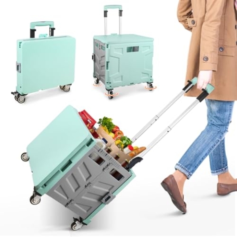 Einkaufstrolley Klappbar, Transport Trolley, bis 50 kg, 50 l Kiste, Einkaufskorb mit Deckel, Ausziehbarer Alu Ausziehgriff, 4 um 360° Drehbare Metallrad, 103 x 43 x 38 cm (Grün Grau)