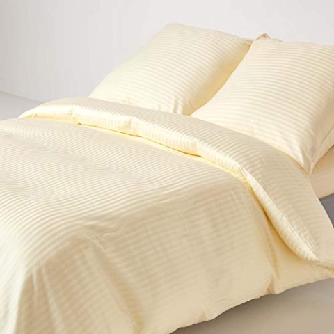 Homescapes 3-teiliges Damast-Bettwäsche-Set vanille, ägyptische Baumwolle mit Satin-Streifen, 1 Bettbezug 240x220 cm & 2 Kissenbezüge 80x80 cm