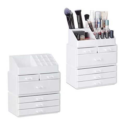 Relaxdays 2 x Kosmetikorganizer mit 6 Schubladen, 22 Fächer Make Up Organizer, große Schmink-Aufbewahrung aus Acryl, weiß
