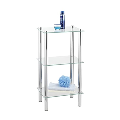 WENKO Regal Mod. Yago viereckig mit 3 Glasablagen, Badregal aus Edelstahl und Glas, 40 x 74 x 30 cm, platzsparende Aufbewahrung im Bad