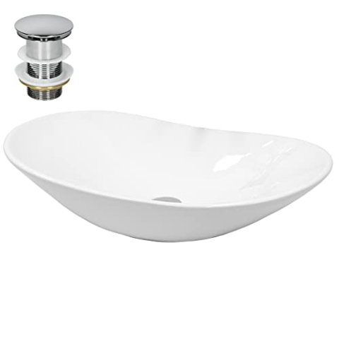 ECD Germany Design Waschbecken Waschtisch 640x365x130 mm inkl. Ablaufgarnitur für Waschbecken ohne Überlauf - Keramik Weiß Aufsatzbecken Aufsatzwaschbecken Waschschale Aufsatzwaschtisch Spülbecken