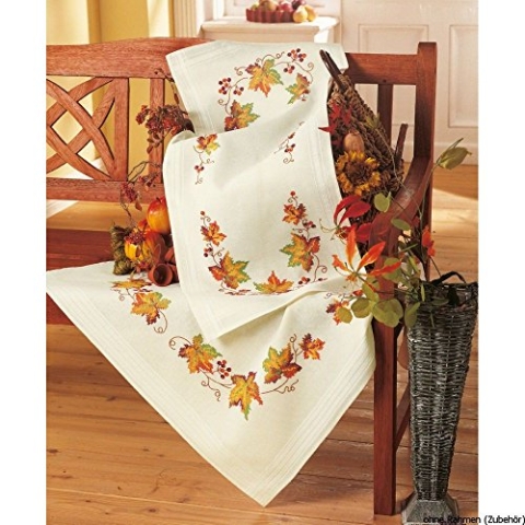 VERVACO HerbstBlätter Stickdecken Basteln Erwachsene Kreativ Decke 80 x 80 cm Stickset DIY Sticken Set Stickpackung/Tischdecke im vorgedruckten/vorgezeichneten Kreuzstich, Baumwolle, Multicolor