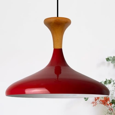 bamyum Champion Pendelleuchte aus Holz, 35 cm Hängelampe Metall E27 Moderne Esstisch Lampe, Skandinavisch Pendellampe für Schlafzimmer Wohnzimmer Küche Esstisch, Küchenlampe Hängend Rot