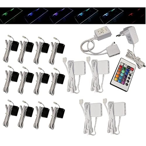 Trango 14er Set RGB Farbwechsel LED Glaskantenbeleuchtung inkl. Fernbedienung 5022-14 Schrankbeleuchtung I Glasbodenbeleuchtung I Vitrinenbeleuchtung I LED Clips I Möbelbeleuchtung