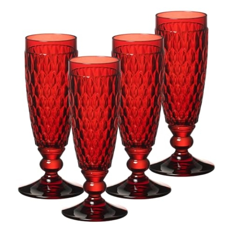 Villeroy & Boch Boston Coloured Sektgläser Red 4er Set, 145 ml, Farbige Sektkelche mit Facettenmuster, Kristallglas für Champagner und Schaumwein, Spülmaschinengeeignet, Rot