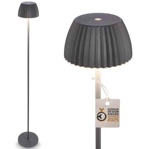 BRILONER - Riffle LED Stehlampe kabellos IP44 mit Touch, dimmbar, Memoryfunktion, Akku tauschbar, Akku Stehleuchte, Leselampe, Wohnzimmerlampe, German Design Award Winner 2025, 19x124 cm, Anthrazit