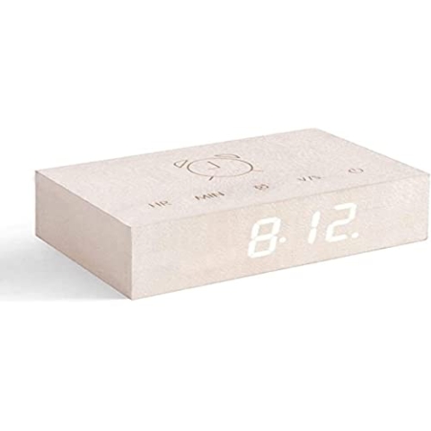 Gingko Flip Click Clock LED Alarm Clock Sound Activated with New Flip Technology, Rechargeable with Laser Engraved Touch Controls, White Maple