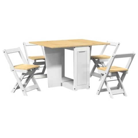 vidaXL 5-TLG. Butterfly-Esstisch-Set Corona Weiß Kiefernholz, Essmöbel-Set, Butterfly-Esstisch, Esstisch und Stühle, Schmetterlingstisch und Stühle