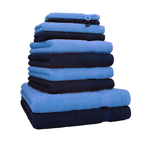 Betz 10-TLG. Handtuch-Set Premium 100% Baumwolle 2 Duschtücher 4 Handtücher 2 Gästetücher 2 Waschhandschuhe Farbe Dunkelblau & Hellblau