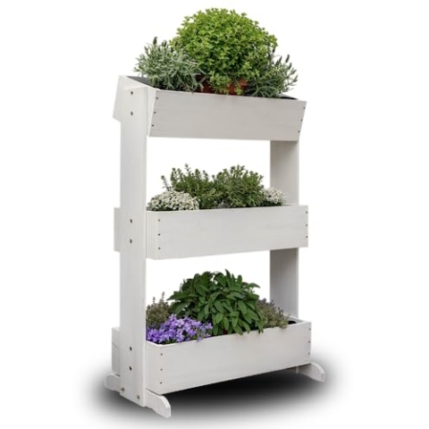 MaLa Hochbeet Balkon Weiß 3 Etagen Blumenkasten Gemüsebeet Kräuterbeet inkl. Gartenvlies schmales Vertikales Beet für Balkon Garten Terrasse Indoor aus Holz | Neigbare Funktion trifft Design