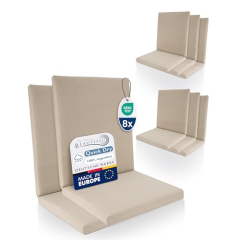 Beautissu 8er Set Premium Niedriglehner Auflage 100% Wasserdicht 100x50cm – UV-beständig Bequem Pflegeleicht Waschbar Sitzkissen Gartenstuhl – Polsterauflage Gartenmöbel Stuhlauflage Beige
